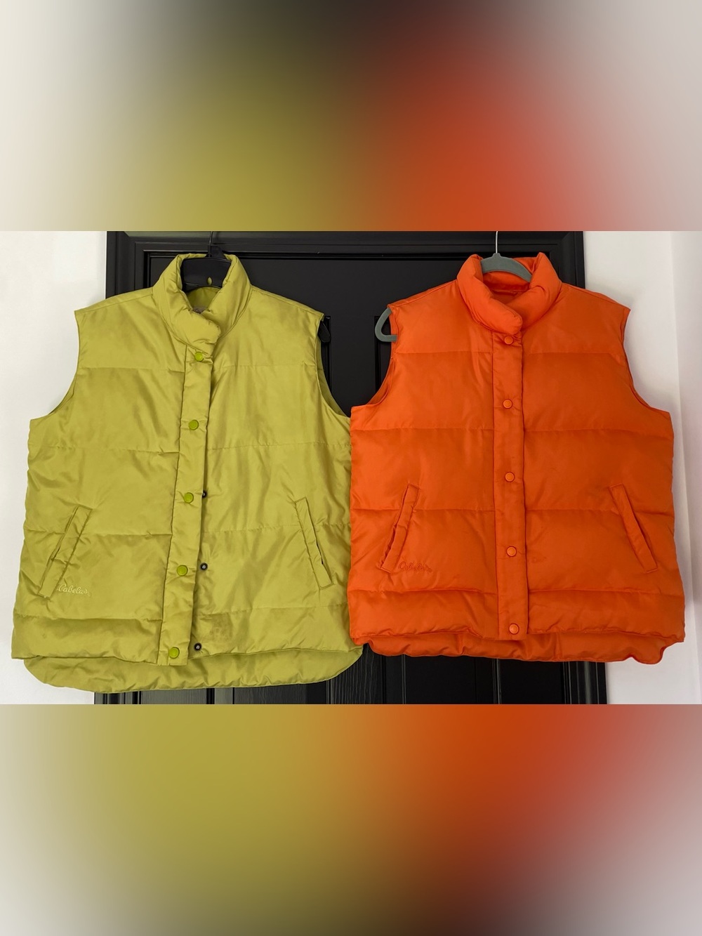 Cabela's Olive Green and Bright Orange Puffer Vests